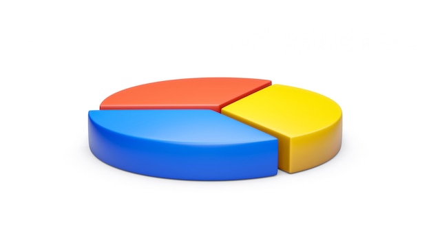 3D-Geschäfts-Kreisdiagramm der Präsentationsgrafik mit drei Abschnitten Berichtsdiagramm oder Kreisinfografik-Designelement rundes Prozentdiagramm isoliert auf weißem Hintergrund mit Datenstatistik-Finanzsymbol.