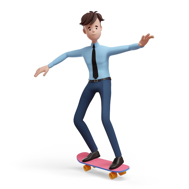 3D-Geschäftsmann auf einem Skateboard Porträt eines lustigen Cartoon-Typen in Hemd und Krawatte Charaktermanager Direktor Agent Immobilienmakler 3D-Illustration auf weißem Hintergrund