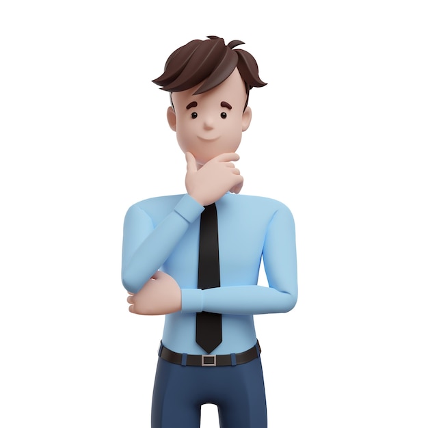 3D-Geschäftsmann denkt nach. Porträt eines lustigen Cartoon-Typen in Hemd und Krawatte. Charaktermanager, Direktor, Agent, Immobilienmakler, 3D-Illustration auf weißem Hintergrund