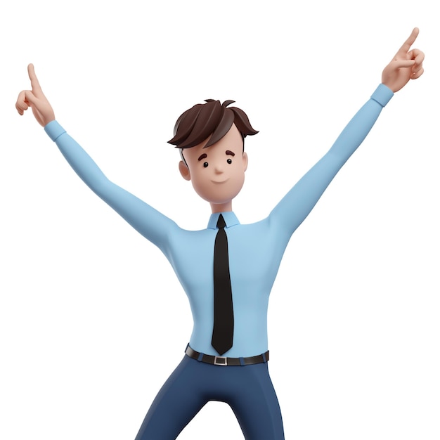 3D-Geschäftsmann feiert mit erhobenen Händen Porträt eines lustigen Cartoon-Typen in Hemd und Krawatte. Charaktermanager, Direktor, Agent, Immobilienmakler, 3D-Illustration isoliert auf weißem Hintergrund