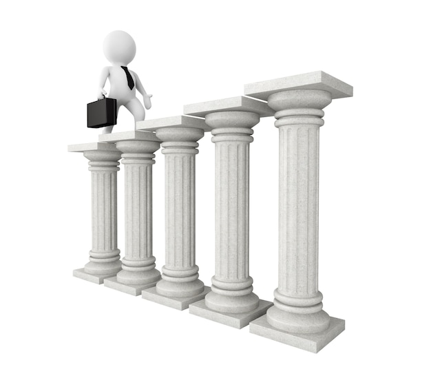 3D-Geschäftsmann mit klassischen Säulen auf weißem Hintergrund