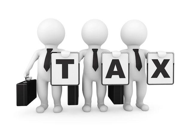 3D-Geschäftsmann mit Steuerschild auf weißem Hintergrund