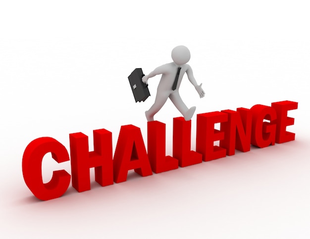 3D-Geschäftsmann springt über das Wort "Herausforderung" mit weißem Hintergrund