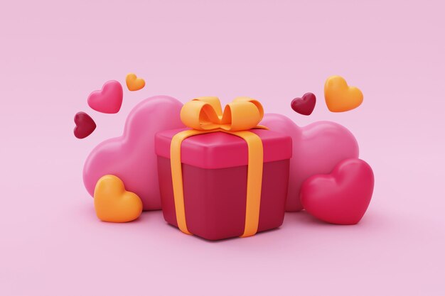 3D-Geschenkbox mit herzförmigen Luftballons isoliert auf rosa Hintergrund Elementdekor für Valentinstag, Muttertag oder Geburtstag 3D-Rendering