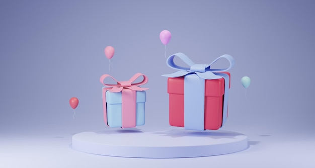 3D-Geschenkboxen, die auf dem Boden stehen, mit rosa Pastellschleife, die auf hellem Hintergrund isoliert ist. Urlaub Überraschungsbox 3D-Render