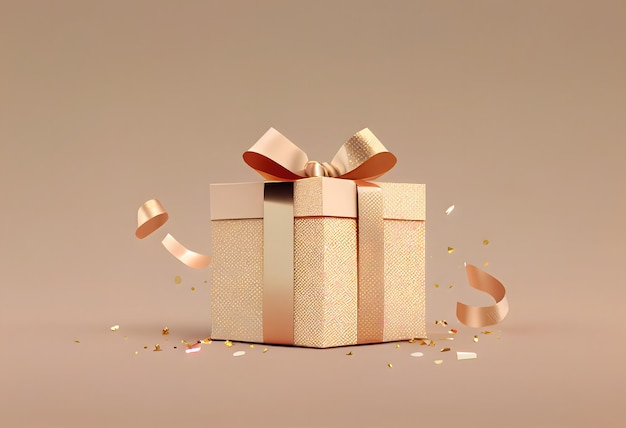 3D-Geschenkkiste mit goldenem Band, Bogen auf beige-pastellfarbenem Hintergrund, Mockup für ein kosmetisches Produkt, realistisches Geschenk mit Konfetti, Copy-Space-Banner, Ai-Generativ