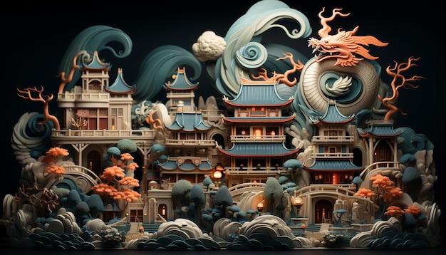 Foto 3d-geschnitzter chinesischer drache, umgeben von häusern im kaiserlichen stil mit lampen