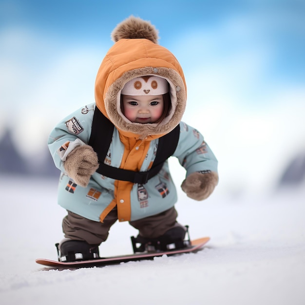 3D-gezeichnetes süßes Kind im vollen Kostüm snowboardt den Hang hinunter