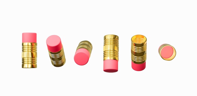 3d glänzende goldene metallische Ferrules mit weichen rosa Radiergummis auf weißem Hintergrund 3d-Illustration