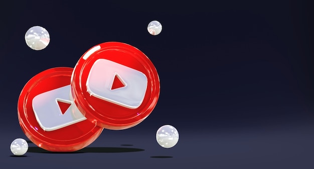 3D glänzende Youtube Social Media Logos mit Münzmodell und dunklem Hintergrund