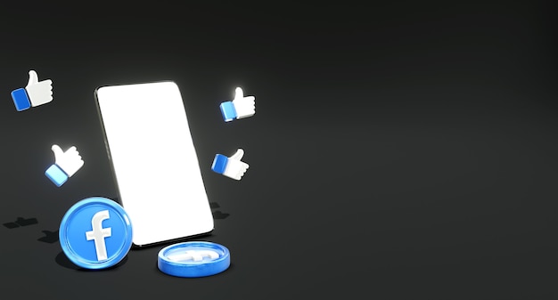 3D glänzendes Facebook-Social-Media-Logo auf dem Telefon mit ähnlichem Symbol und dunklem Hintergrund