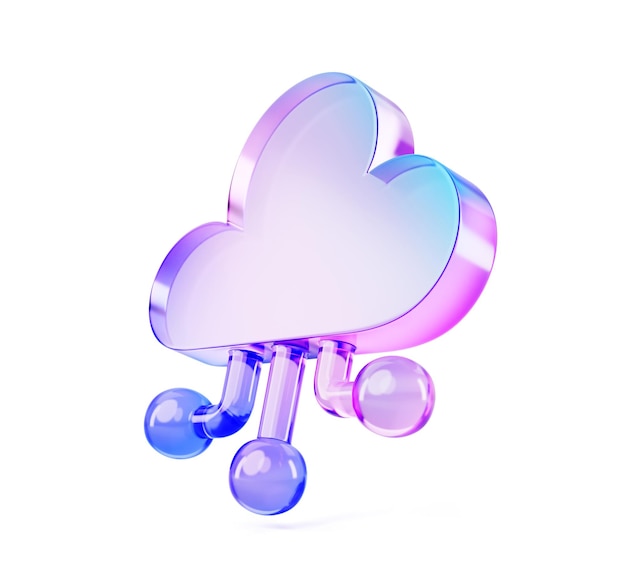 3D-Glas holographische ai Cloud-Symbol Künstliche Intelligenz digitale Datenspeicherung Computing und Lernen Regenbogen Gradient Web-Technologie Symbol mit Verbindungslinien von Chip-Rendering