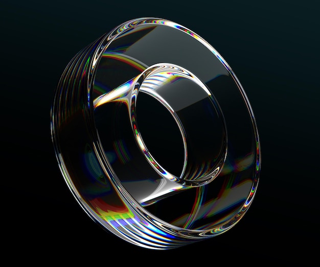 3D-Glaskristall-transparenter Kreis geometrische Figur auf schwarzem Hintergrund Abstrakt-Render glänzender Ring mit Dispersionslicht und holographischem Farbgradient isoliertes Designelement-Symbol