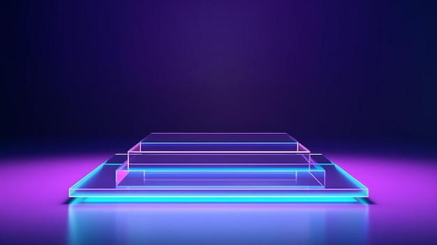 3D-Glaspodestplattform für die Produktpräsentation auf violettblauem Hintergrund mit Studiobeleuchtung
