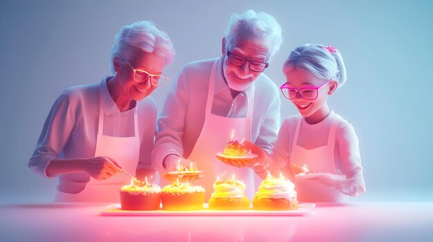 3D Glowing Abstract Abuelos y nietos jugando con el concepto como una bandera de arte digital dinámica f