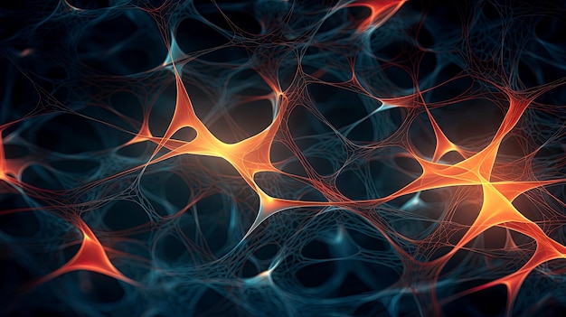 3D-Glühhintergrund mit Neuronenzellen in grauen und orangen Farben, AI-generierte Illustration