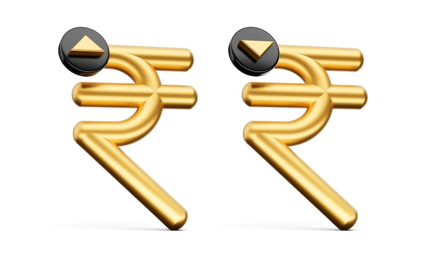 3D-Gold Glänzende Indische Rupie Symbol Erhöhen Verringern Symbol Auf Weißem Hintergrund 3D-Darstellung
