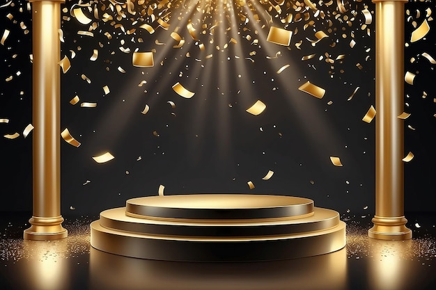 3D-Gold-Podium und fallendes Konfetti-Gewinner-Vektor-Hintergrund Preisphase für die Einführungszeremonie