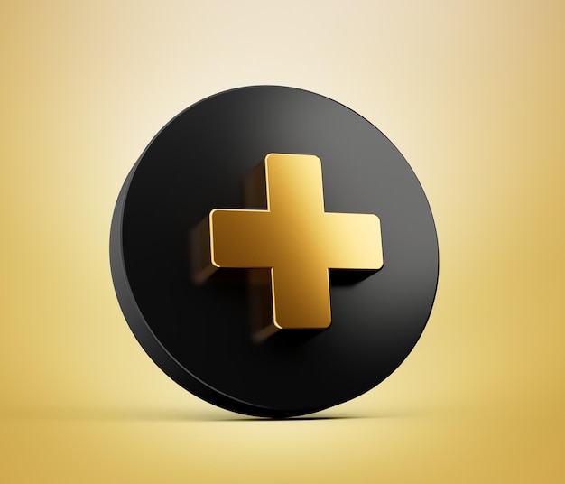 3D Gold und schwarzer Kreis mit Pluszeichen auf dem weißen Hintergrund 3D-Darstellung