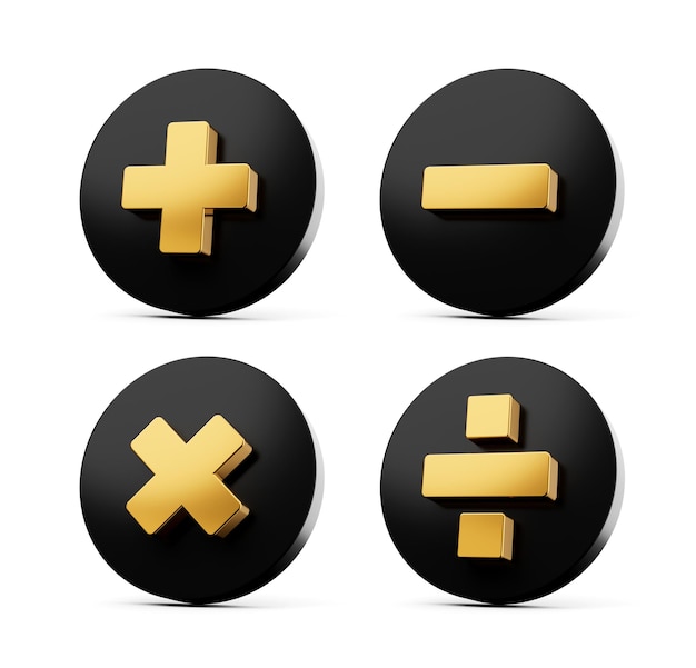Foto 3d golden plus minus multiplicar y dividir símbolo en iconos negros redondeados ilustración 3d