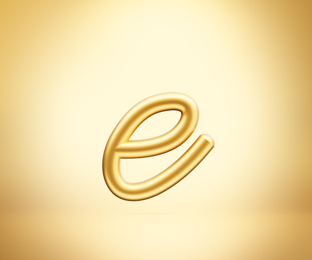 Foto 3d golden shiny small letter e alphabet e rounded inflatable font fundo dourado ilustração 3d