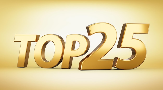 3d Golden Shiny Top 25 Texto Top Twenty Five Texto 3d aislado sobre fondo dorado Ilustración 3d
