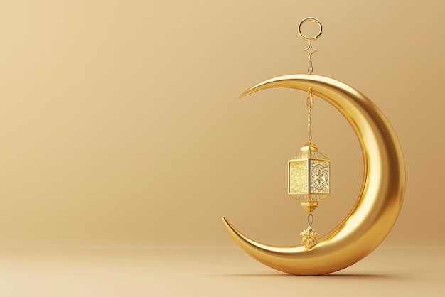 3D-goldener Ramadan-Lampen und Halbmond mit Copy-Raum für den islamischen Gruß-Hintergrund