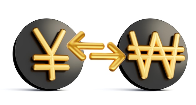 3D-goldener Yen und Won-Symbol auf abgerundeten schwarzen Symbolen mit Geldwechselpfeilen 3D-Illustration