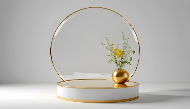 3d-goldenes natürliches Blumenbecken auf einem runden Podiumsmodell für die Produktpräsentation