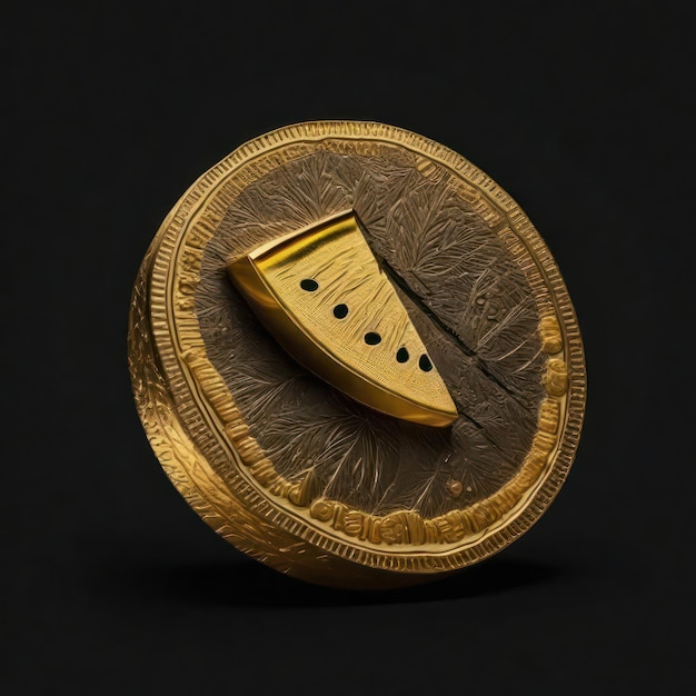 3d-Goldmelonenmünze mit detaillierter Textur, isoliert auf Schwarz