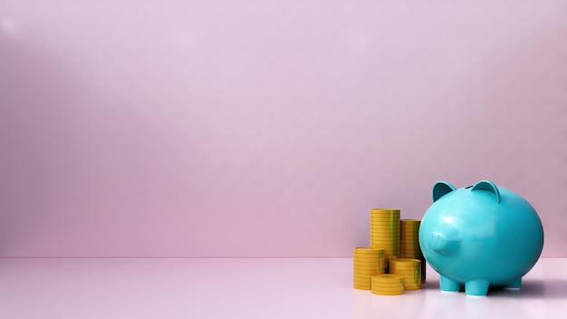 3D-Goldmünze Geld sparen mit Sparschwein in rosa Hintergrund 3D-Rendering