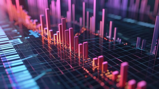 Foto 3d-grafische datenbalken auf einem mit neonlichtern beleuchteten raster, die datenanalyse oder finanzielle trends symbolisieren