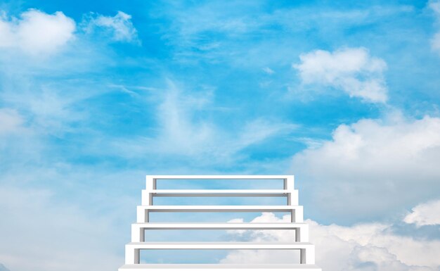 3D-Grau-Treppe mit Wolken, blauem Himmel, Hintergrund, abstrakt, geometrisch, kosmetisch, Schaufenster, Sockel, minimale moderne Szene, 3D-Render-Illustration