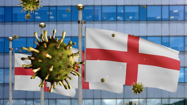 3D, Grippe-Coronavirus, das über der englischen Flagge mit moderner Wolkenkratzerstadt schwebt. Englisches Banner, das mit dem Konzept der Pandemie des Covid19-Virusinfektion weht. Fähnrich mit echter Stofftextur