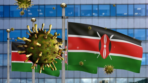 Foto 3d, grippe-coronavirus, das über der kenianischen flagge mit moderner wolkenkratzerstadt schwebt. kenia-banner, der mit dem konzept der pandemie des covid19-virusinfektion weht. fähnrich mit echter stofftextur