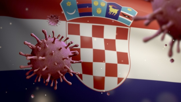 3D, Grippe-Coronavirus, das über der kroatischen Flagge schwebt, ein Krankheitserreger, der die Atemwege angreift. Kroatien-Banner winken mit dem Konzept der Pandemie des Covid19-Virus-Infektionskonzepts. Fähnrich mit echter Stofftextur