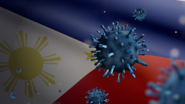 3D, Grippe-Coronavirus, das über der philippinischen Flagge schwebt, ein Krankheitserreger, der die Atemwege angreift. Philippinisches Banner, das mit dem Konzept der Pandemie des Covid19-Virusinfektion weht. Fähnrich mit echter Stofftextur