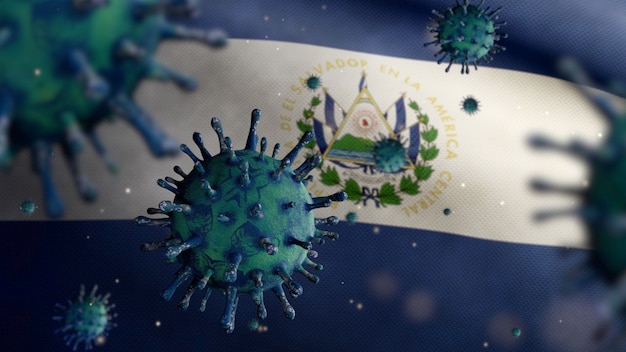 3D, Grippe-Coronavirus, das über der salvadorianischen Flagge schwebt, ein Krankheitserreger, der die Atemwege angreift. Salvador-Banner, der mit dem Konzept der Pandemie des Covid19-Virusinfektion weht. Fähnrich mit echter Stofftextur
