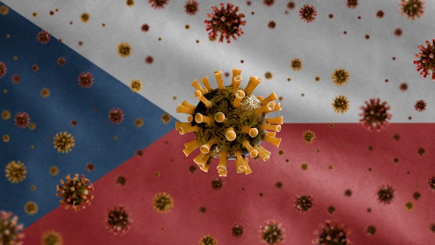 3D, Grippe-Coronavirus schwebt über der tschechischen Flagge, einem Krankheitserreger, der die Atemwege angreift. Tschechische Republik Vorlage winken mit Pandemie des Covid19-Virus-Infektionskonzepts