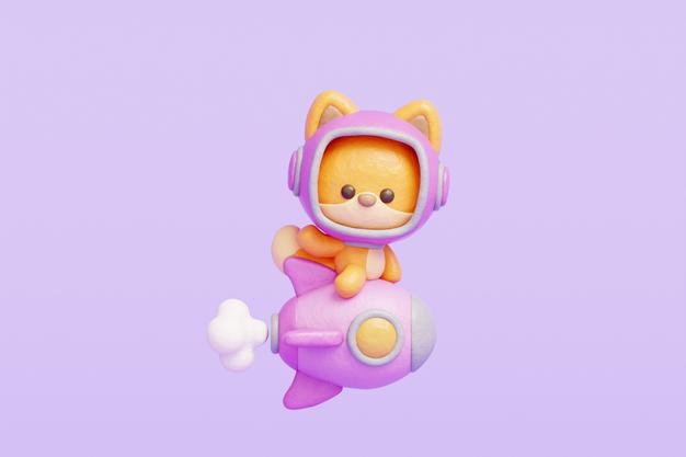 3D guapo zorro astronauta en un cohete personaje de dibujos animados animal renderización 3D