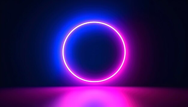3d hacer azul rosa neón redondo marco círculo anillo forma espacio vacío luz ultravioleta años 80 estilo retro desfile de modas etapa resumen fondo generar ai