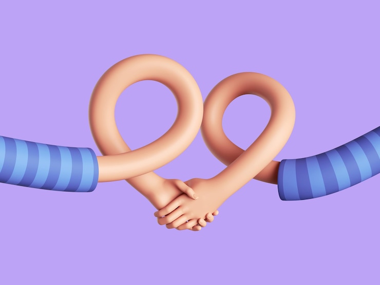 Foto 3d hacer brazos humanos flexibles personajes de dibujos animados elásticos tomándose de la mano gesto de apretón de mano