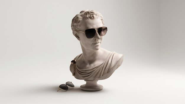 Foto 3d hacer busto antiguo blanco sobre un fondo blanco con gafas de sol en el lado izquierdo mirar el otro