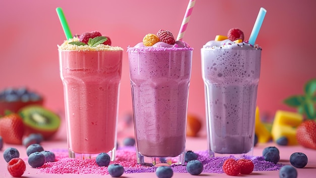 3d hacer diferentes batidos en 3 vasos con pajitas de colores en fondo rosa