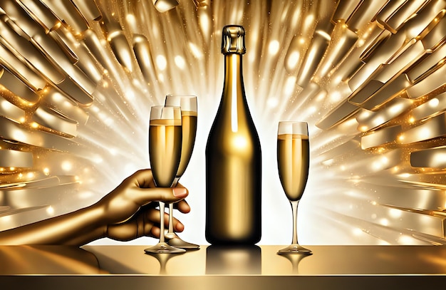 3D-Hände mit Wein, Champagner und Gläsern mit funkelndem Bokeh-Hintergrund Veranstaltungsfeier