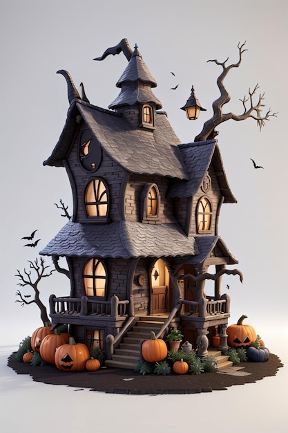 3D-Halloween-Hexenhaus auf weißem Hintergrund