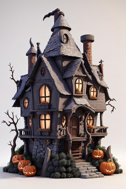 3D-Halloween-Hexenhaus auf weißem Hintergrund