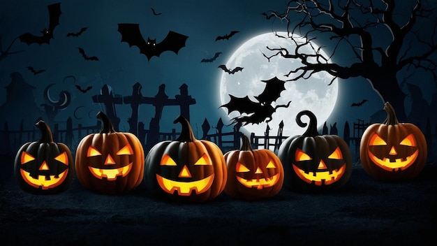 3D-Halloween-Hintergrund mit gruseligem Schloss und Kürbissen