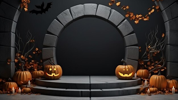 3D-Halloween-Podium mit Kürbiss-Hintergrund für die Produktpräsentation schwarze Bühne dunkel