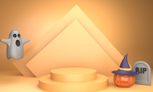 3D-Halloween-Podium mit Pumpkit-Hexe und quadratischem Hintergrund
